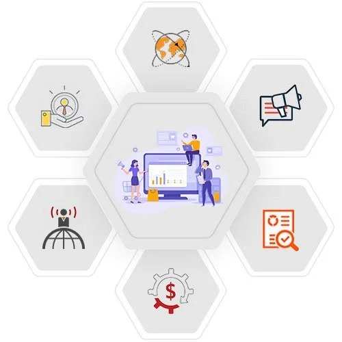 “Digital marketing analytics with global reach, ads, and growth icons.”