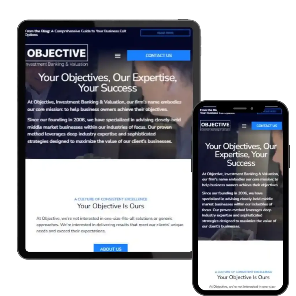 “Objective investment banking website on tablet and phone”