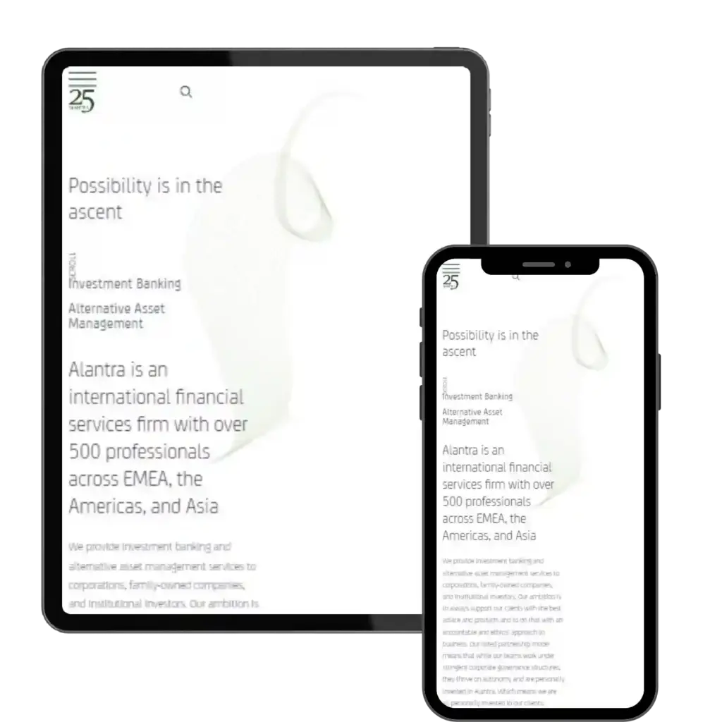 Responsive financial services website on tablet and phone