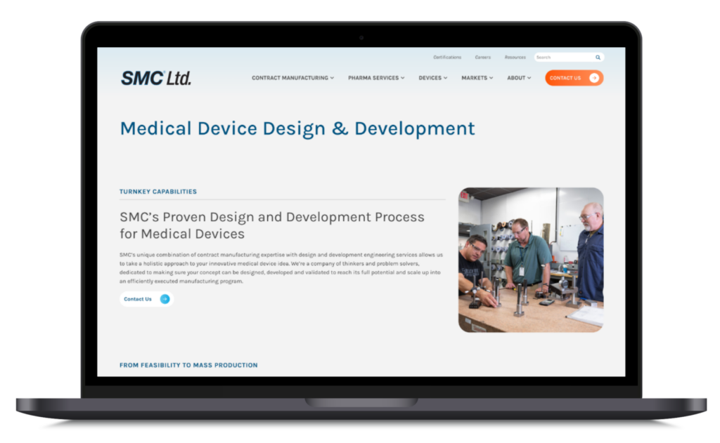 SMC Ltd medical device design and development webpage on laptop