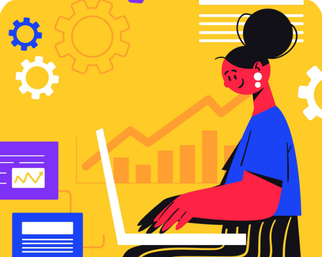 woman working on a laptop with charts and gears, representing data analysis.