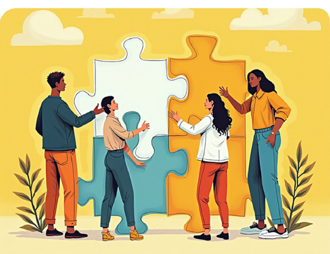 Team assembling large puzzle pieces together