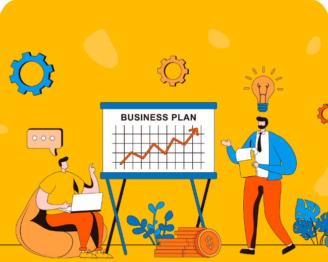 two people discussing a business plan with a growth chart and financial icons.