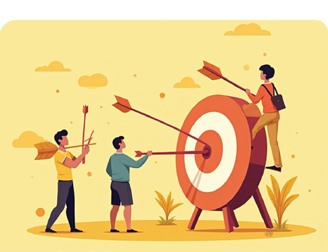 people aiming arrows at a target, symbolizing teamwork and goal achievement.