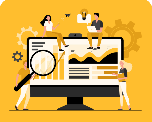 Team analyzing data and charts on a computer screen