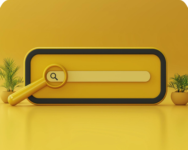 D yellow search bar with a magnifying glass icon.