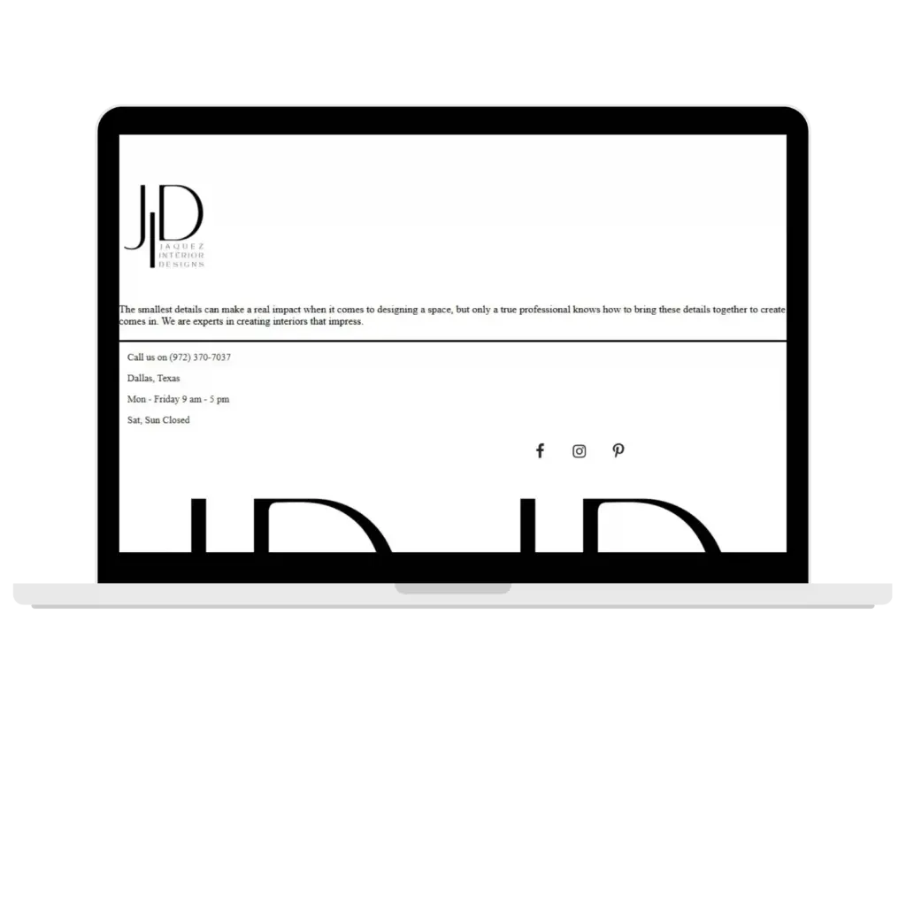 Interior design website contact page on laptop