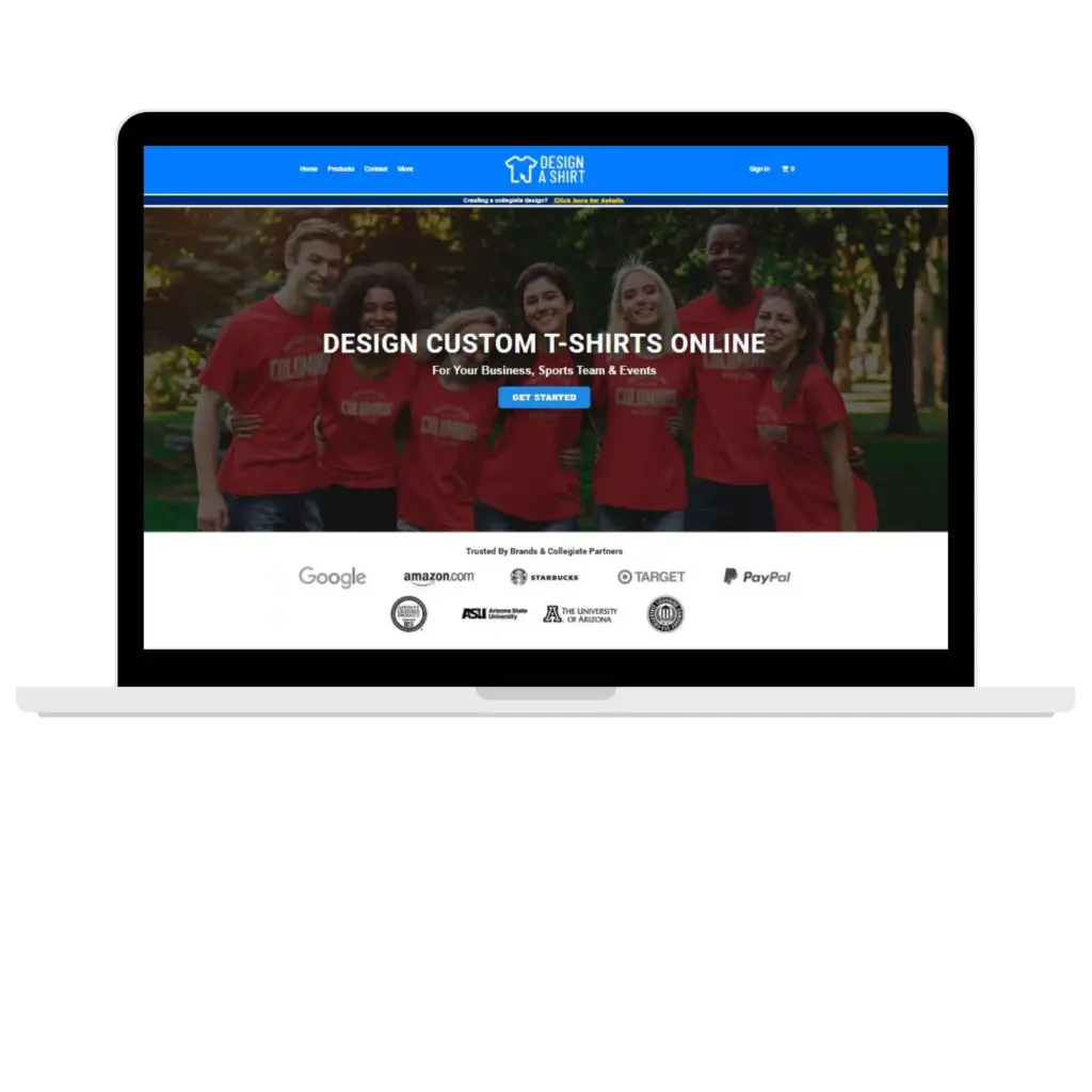 Custom t-shirt design website homepage