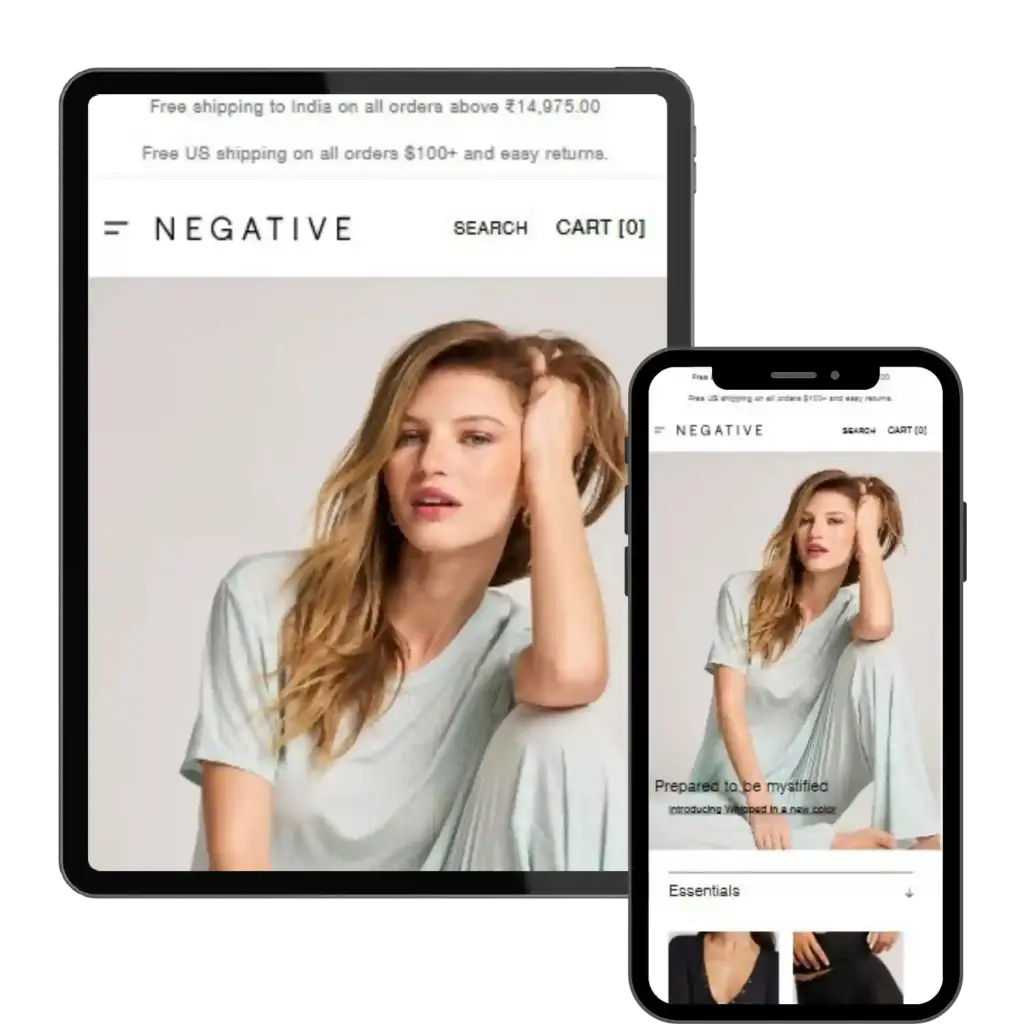 Negative clothing website mobile view