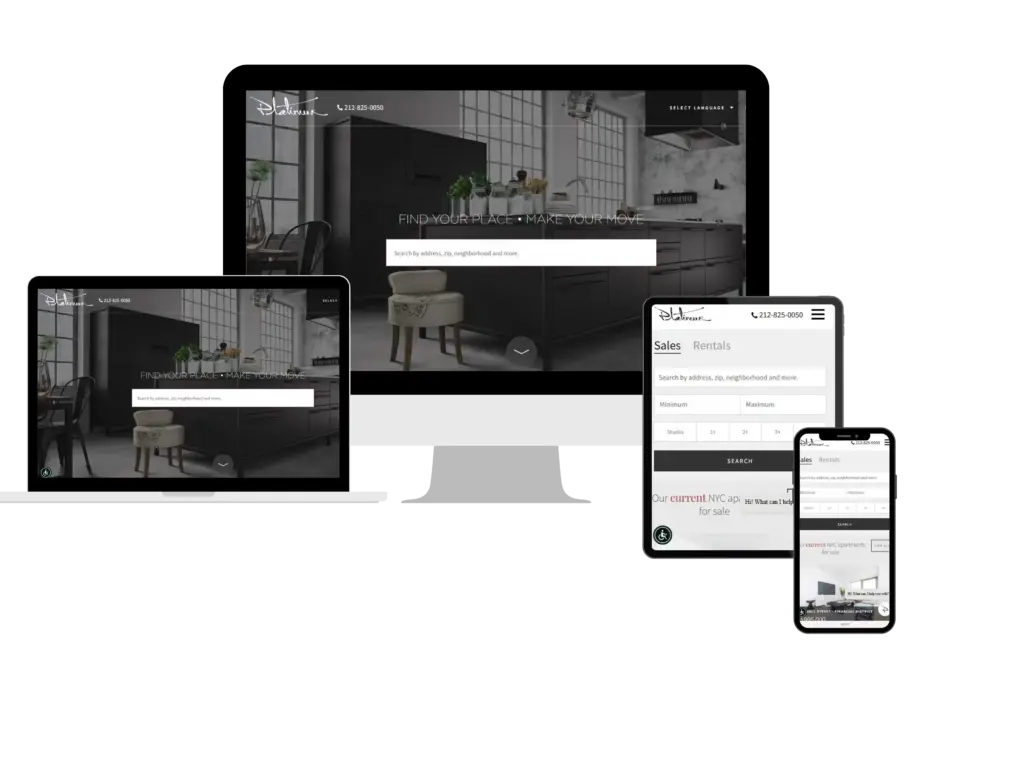 Responsive real estate website on desktop, tablet, and phone