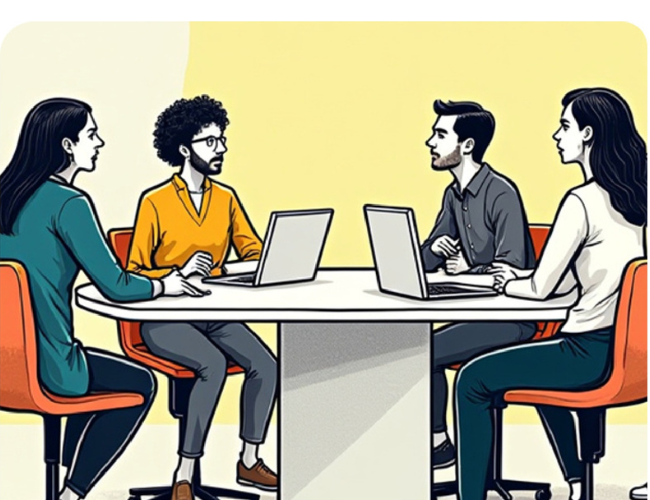 Four people in a meeting working on laptops at a table.