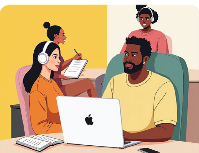 People collaborating online with laptops and headphones