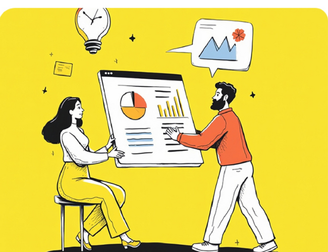 two people collaborating on data charts and analytics.