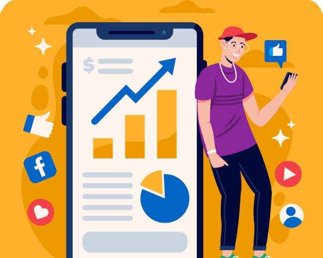 A person standing by a smartphone showing rising charts and social media icons, representing digital marketing growth.