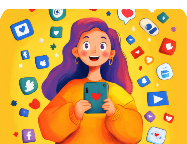 A smiling person holding a phone, surrounded by colorful social media icons.