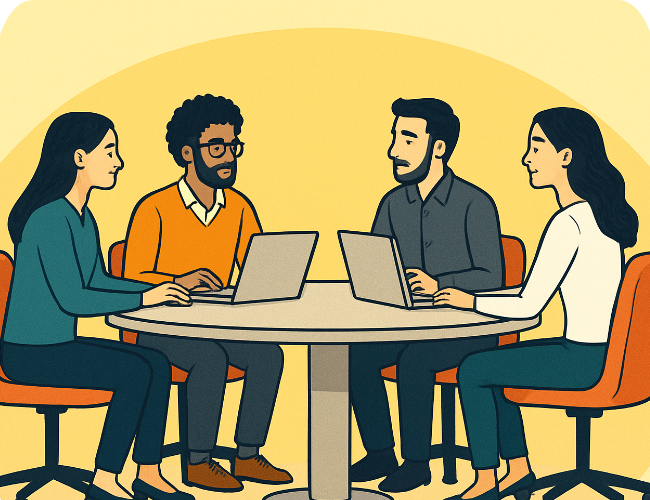 llustration of four coworkers sitting around a table, collaborating on laptops during a team meeting.