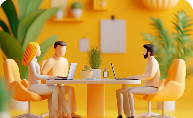 “Three people working on laptops at a round table in an office.”