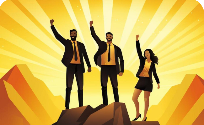“Three business professionals standing on a peak with raised fists, symbolizing success.”