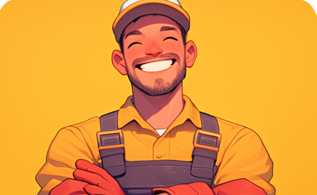 A smiling cartoon worker wearing a yellow uniform and cap, with arms crossed.