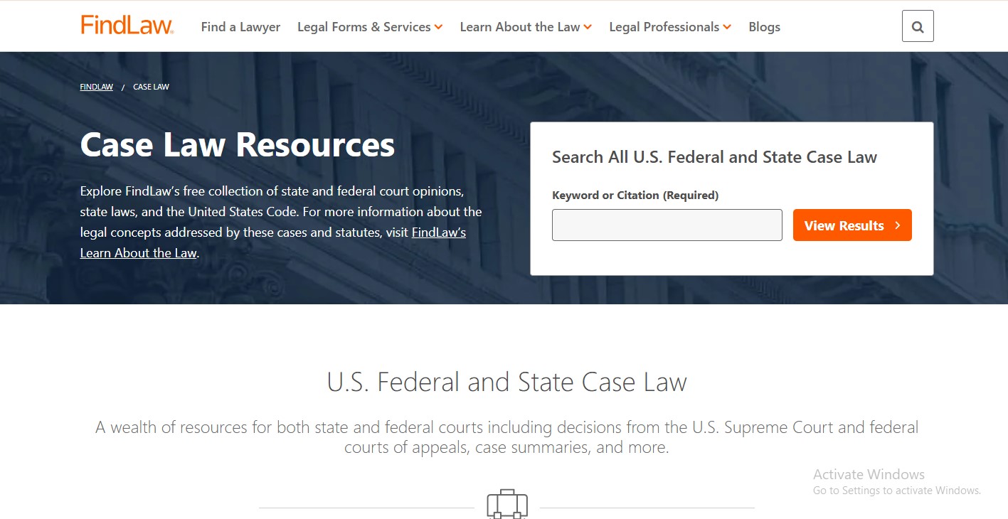 FindLaw case law resources page