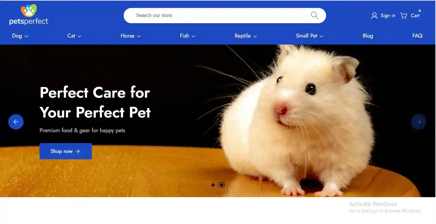 Petsperfect homepage banner with hamster