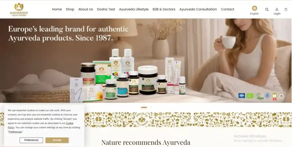 “Maharishi Ayurveda homepage banner with products”