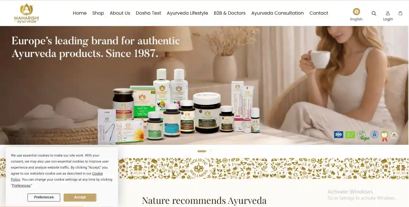 “Maharishi Ayurveda homepage banner with products”
