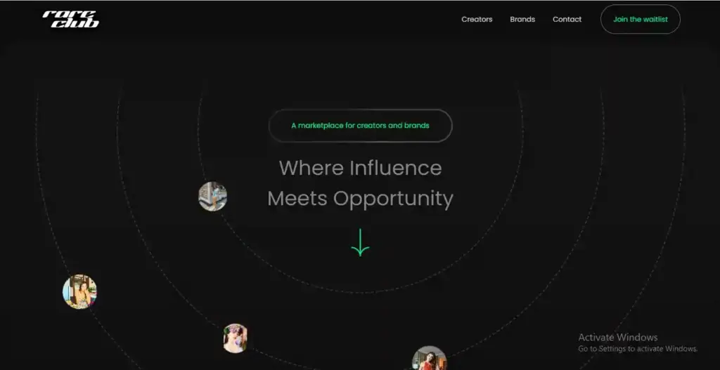 Rare Club homepage hero section