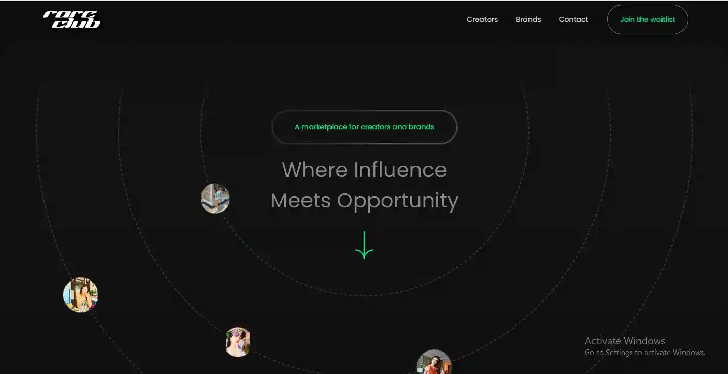 Rare Club homepage hero section