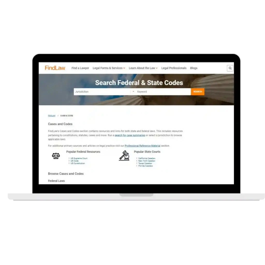 FindLaw legal search page on laptop