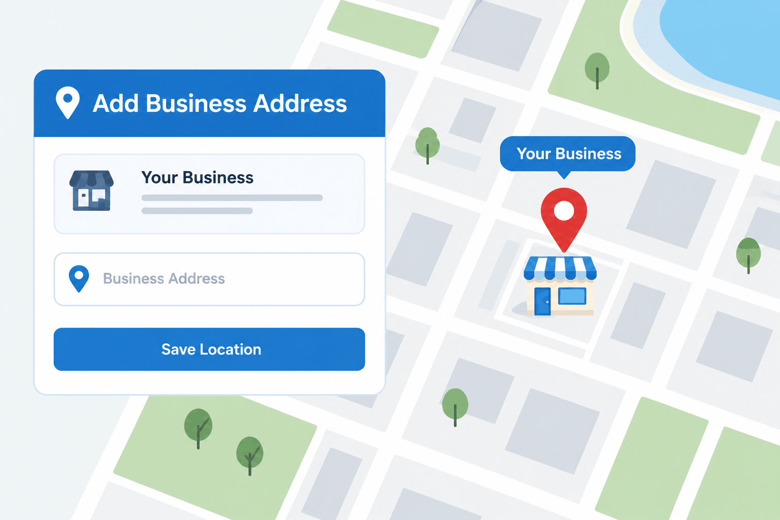 Map-style illustration of a business location being added to a profile