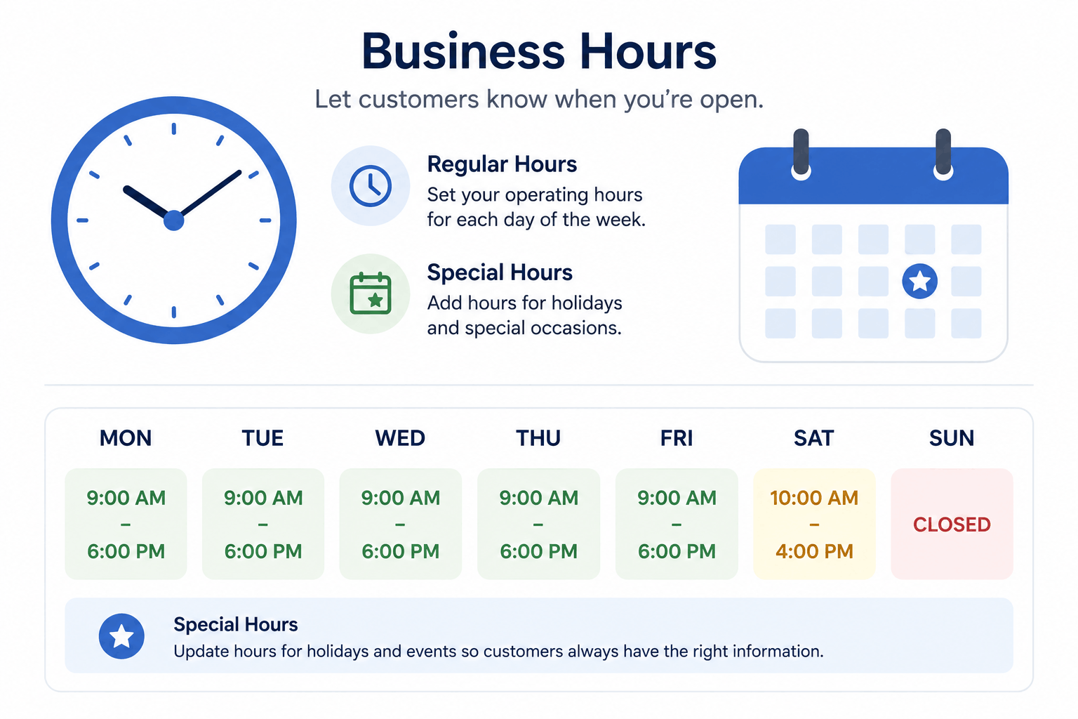 Calendar and clock infographic representing business hours and special hours