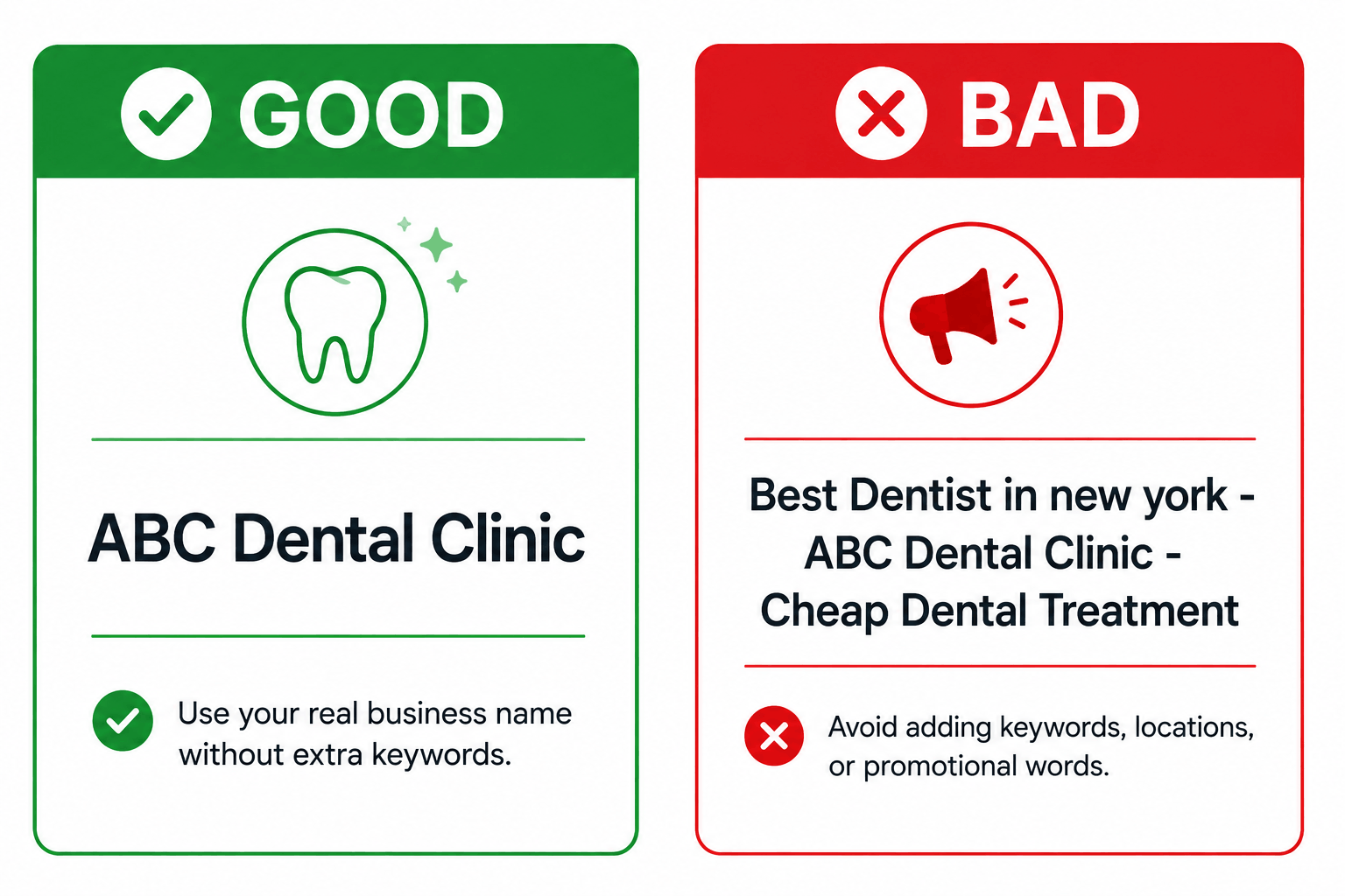 Side-by-side example of a correctly formatted business name versus a keyword-stuffed business name