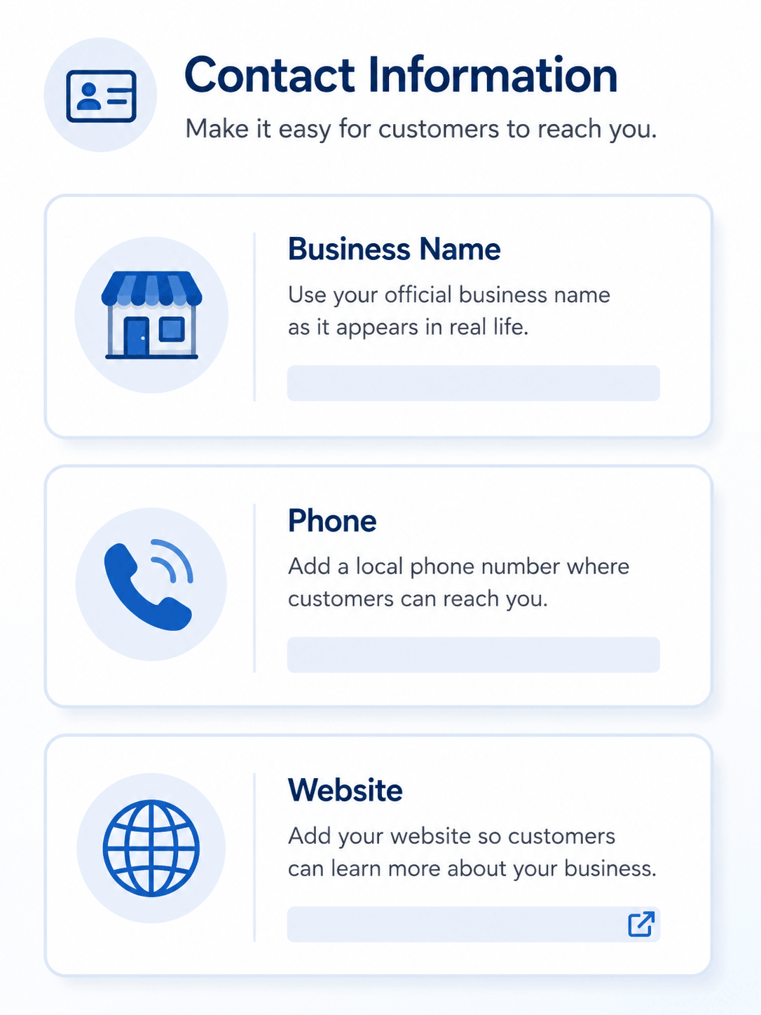 Illustration of business contact information fields including phone and website