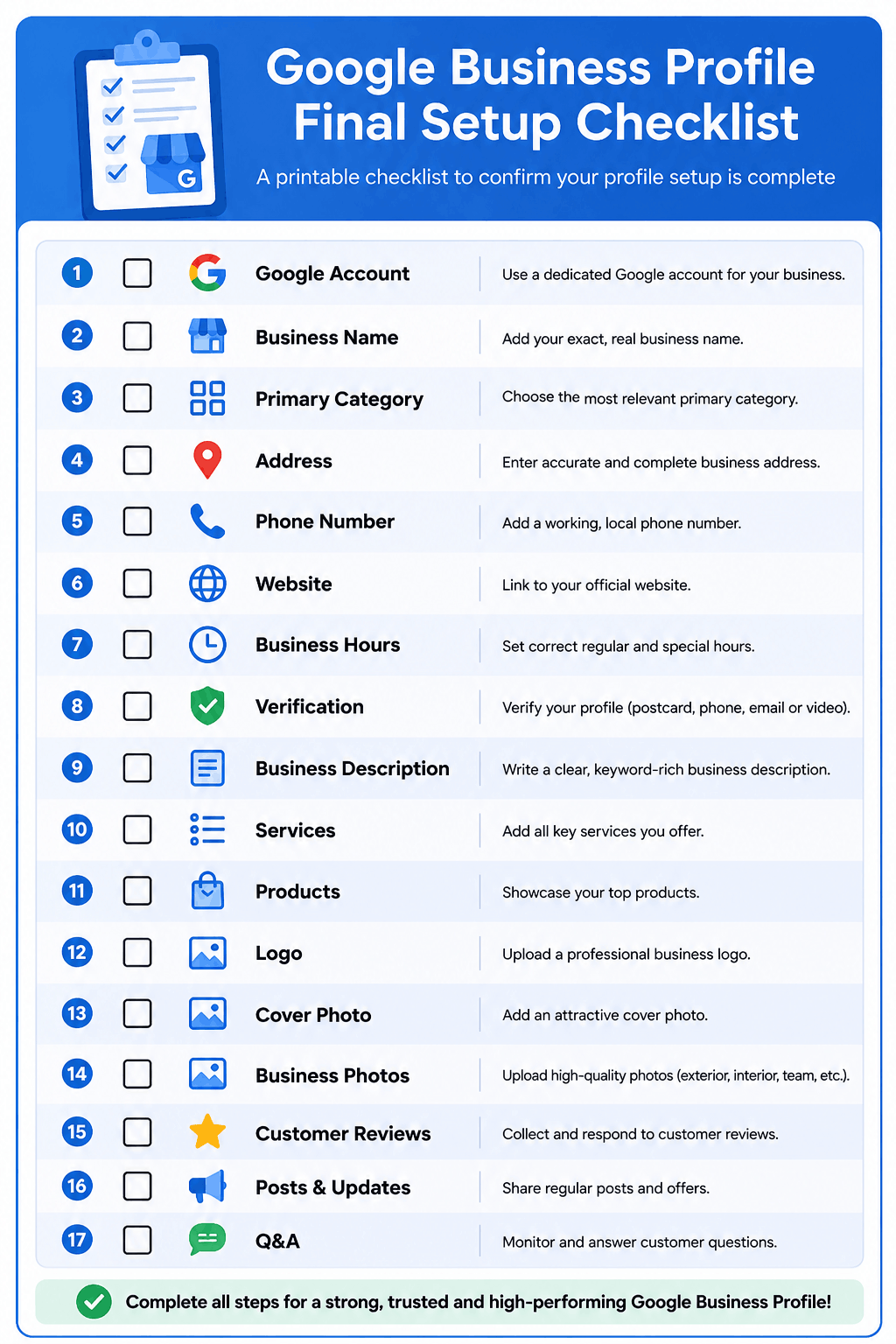 Printable final checklist for completing a Google Business Profile setup