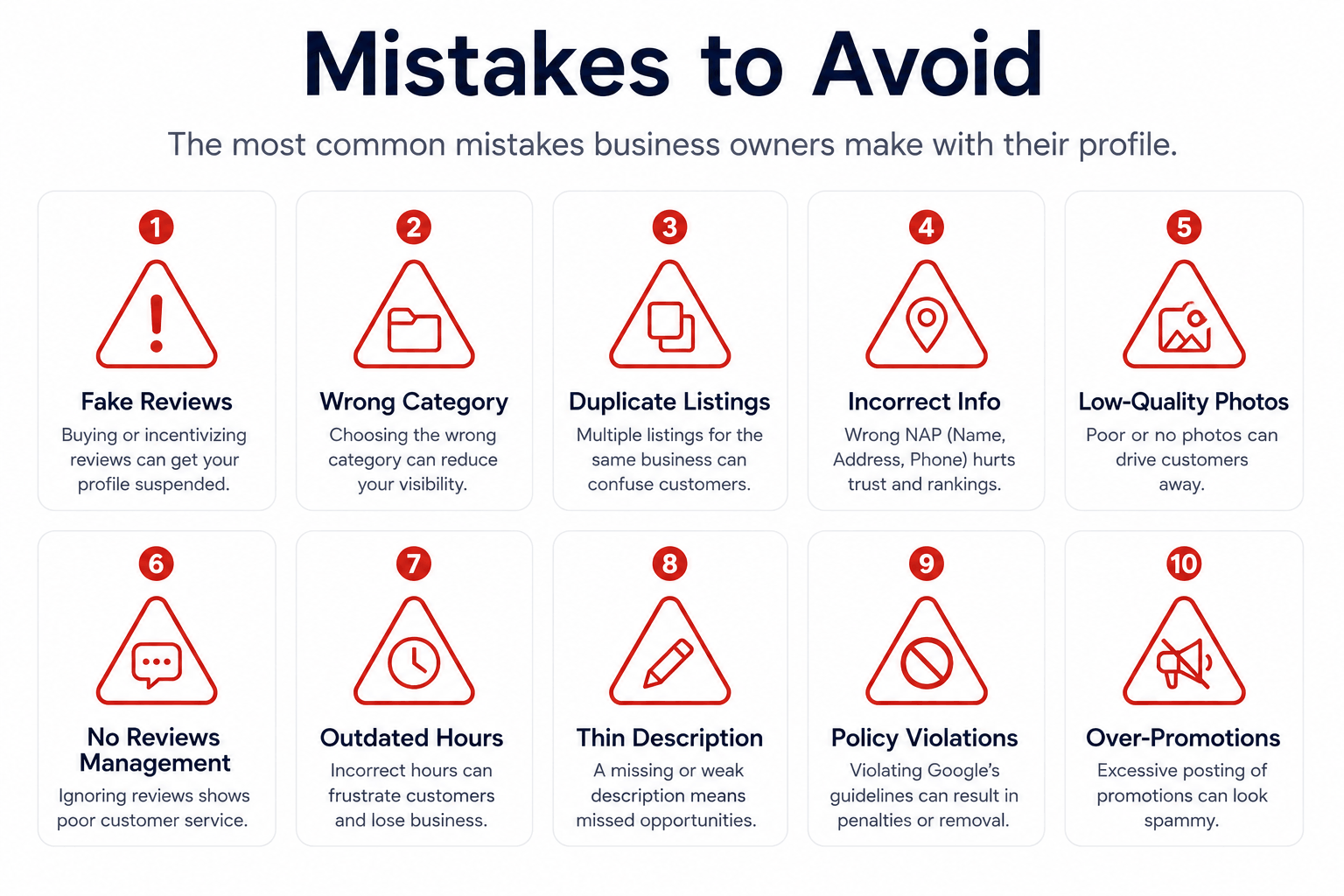 Infographic listing common Google Business Profile mistakes to avoid