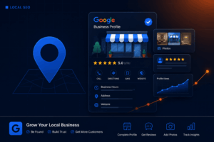 Google Business Profile setup and local SEO growth illustration with search and analytics icons