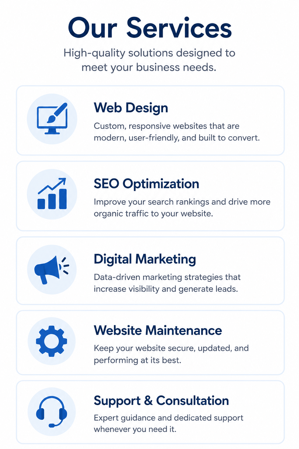 Infographic showing an organized list of business services with short descriptions