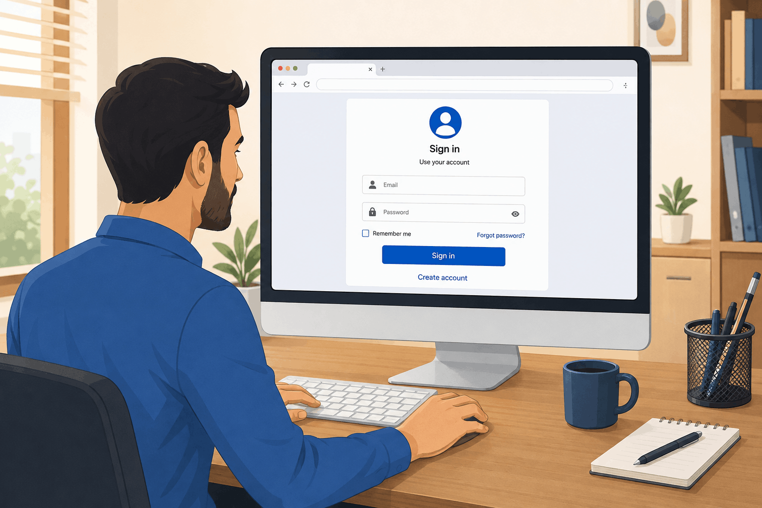 Illustration of a business owner signing into a Google account on a desktop computer
