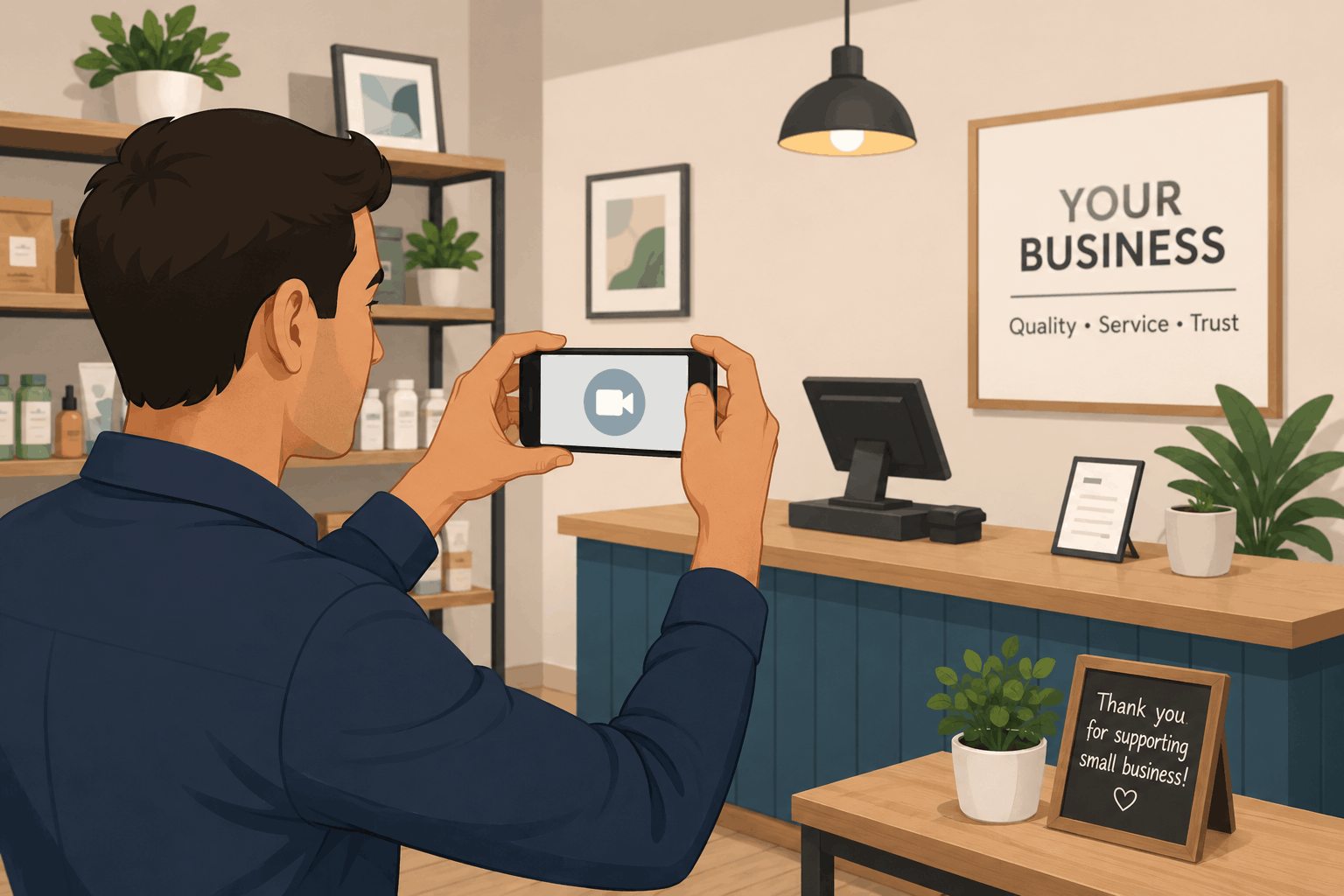 Illustration of a business owner recording a verification video inside their business location